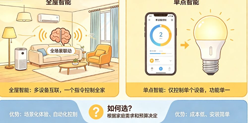 全屋智能和单点智能有什么区别?单设备控制vs全场景联动如何选?