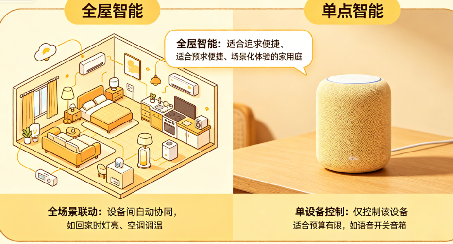 全屋智能和单点智能有什么区别?单设备控制vs全场景联动如何选?