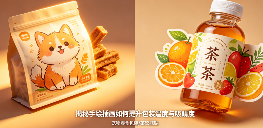 宠物零食包装没“温度”?茶饮瓶贴不够“吸睛”?揭秘手绘插画如何让包装“会说话”