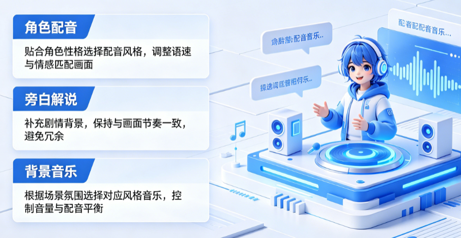 AI漫剧配音和配乐怎么弄?角色配音、旁白解说、背景音乐如何搭配?