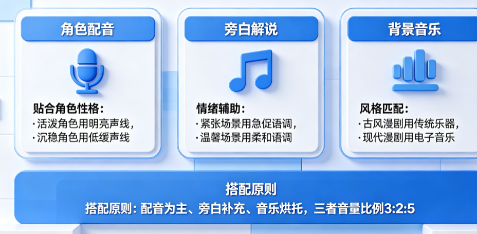 AI漫剧配音和配乐怎么弄?角色配音、旁白解说、背景音乐如何搭配?