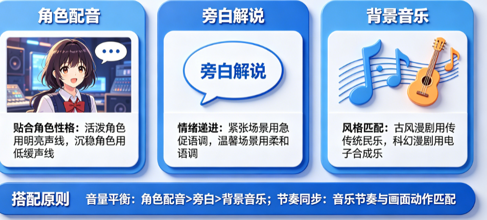 AI漫剧配音和配乐怎么弄?角色配音、旁白解说、背景音乐如何搭配?