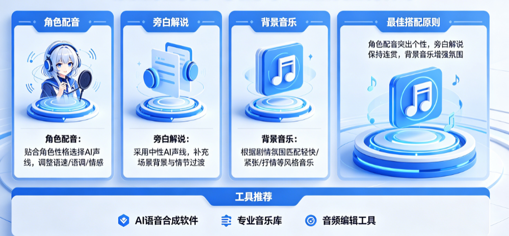 AI漫剧配音和配乐怎么弄?角色配音、旁白解说、背景音乐如何搭配?