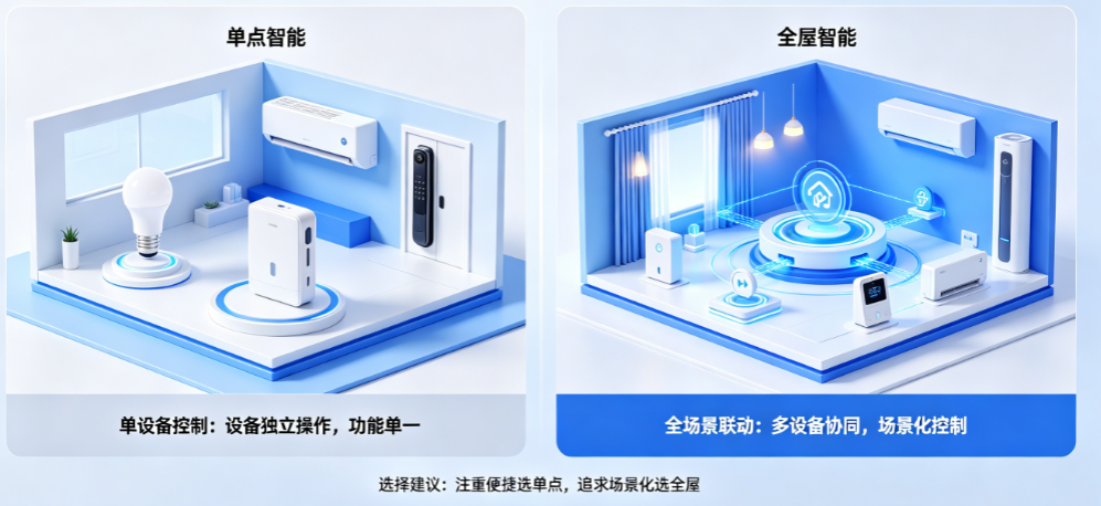 全屋智能和单点智能有什么区别?单设备控制vs全场景联动如何选?