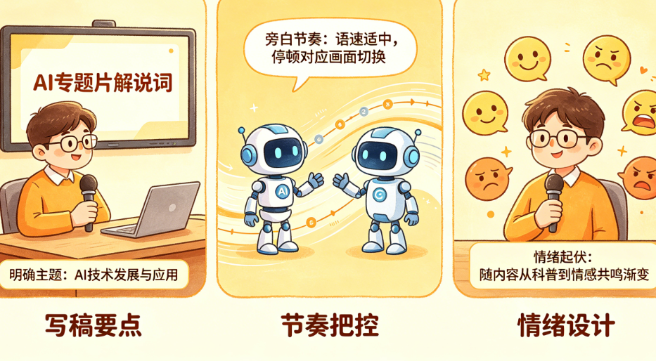 AI专题片解说词怎么写?旁白节奏、画面配合、情绪起伏如何把控?