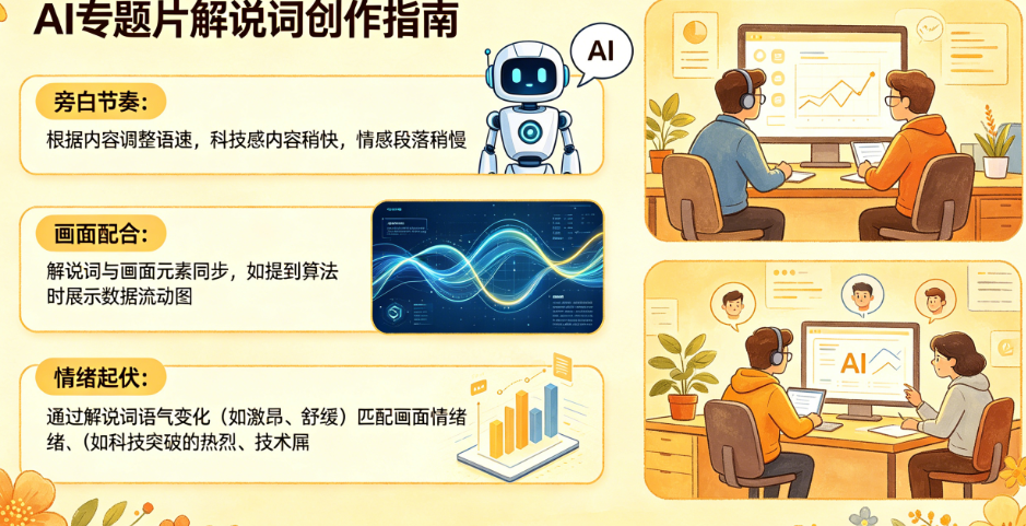 AI专题片解说词怎么写?旁白节奏、画面配合、情绪起伏如何把控?