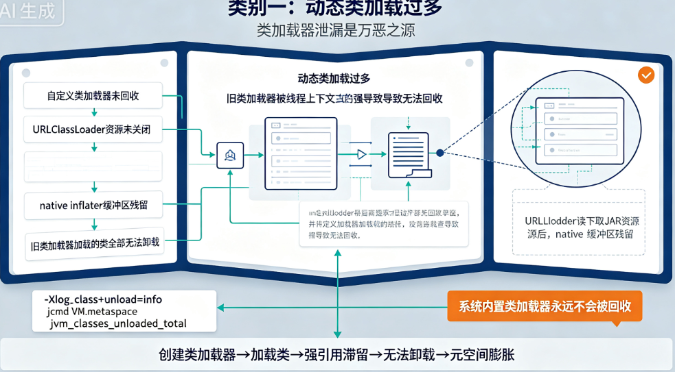 JVM Metaspace OOM的3类元凶:动态类加载过多→反射频繁→CGLIB代理膨胀