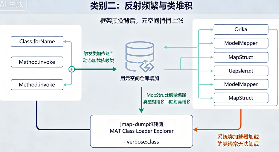 JVM Metaspace OOM的3类元凶:动态类加载过多→反射频繁→CGLIB代理膨胀