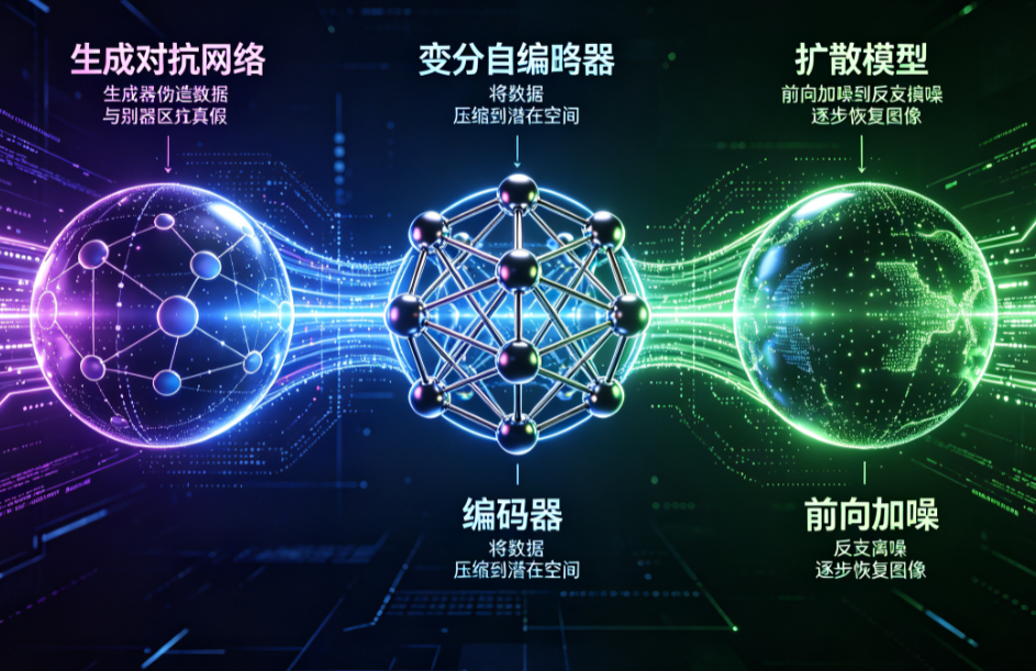 扩散模型vs生成对抗网络vs变分自编码器：三种AI图像生成技术的原理对比