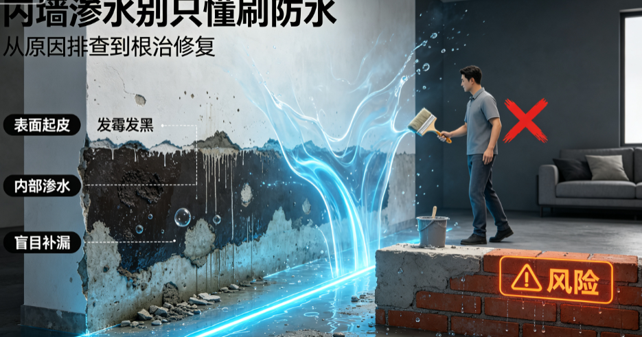 内墙渗水别只懂“刷防水”!从原因排查到根治修复的完整处理指南