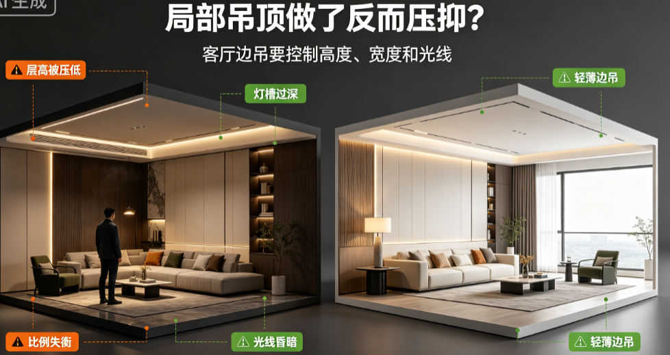 局部吊顶做了反而压抑?揭秘客厅边吊的设计技巧与避坑注意事项