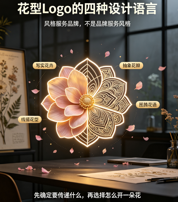 花型Logo设计的4种风格:写实花卉→抽象花瓣→线描花型→图腾花语