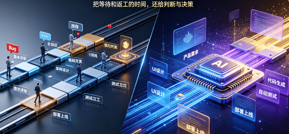 传统开发全链路 vs AI辅助开发全链路:各阶段时间分配与效率提升的全面对比
