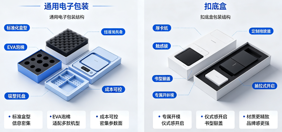 多功能音乐播放器扣底盒vs通用电子包装:功能信息传达与品牌调性的对比
