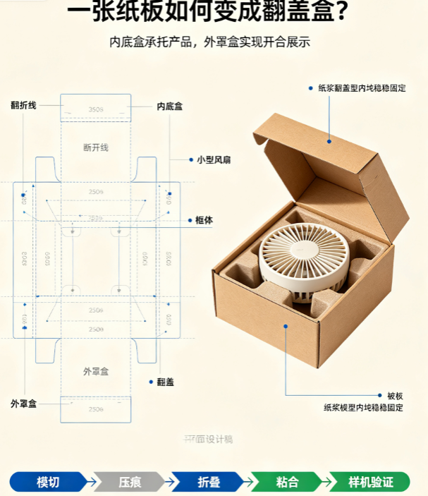 1套翻盖盒样机,完整展示小型风扇对盖盒结构与细节