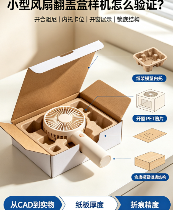 1套翻盖盒样机,完整展示小型风扇对盖盒结构与细节