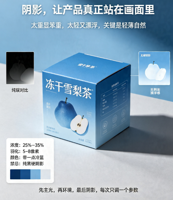 3个关键光影参数，让你的蓝色冻干雪梨茶样机秒变商业大片
