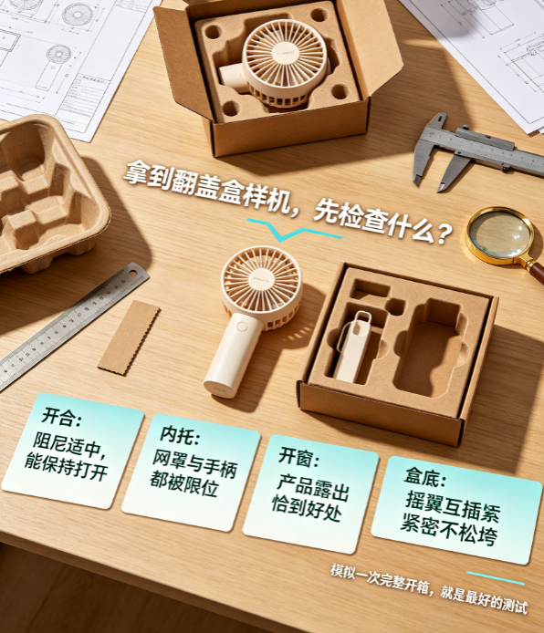 1套翻盖盒样机,完整展示小型风扇对盖盒结构与细节