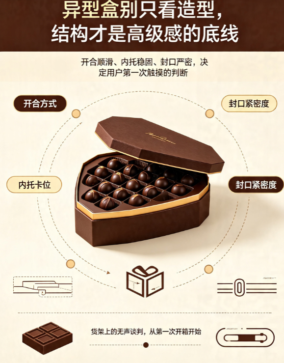 开合方式+内托卡位+封口紧密度:3个维度拆解黑巧克力异型盒的结构语言