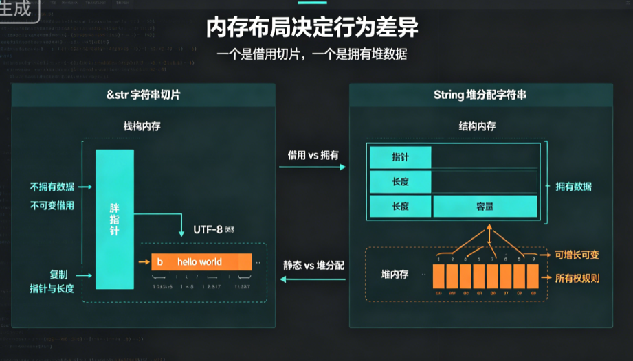 Rust中的String与&str究竟有何不同?何时该用借用,何时必须拥有所有权?一文讲透内存哲学