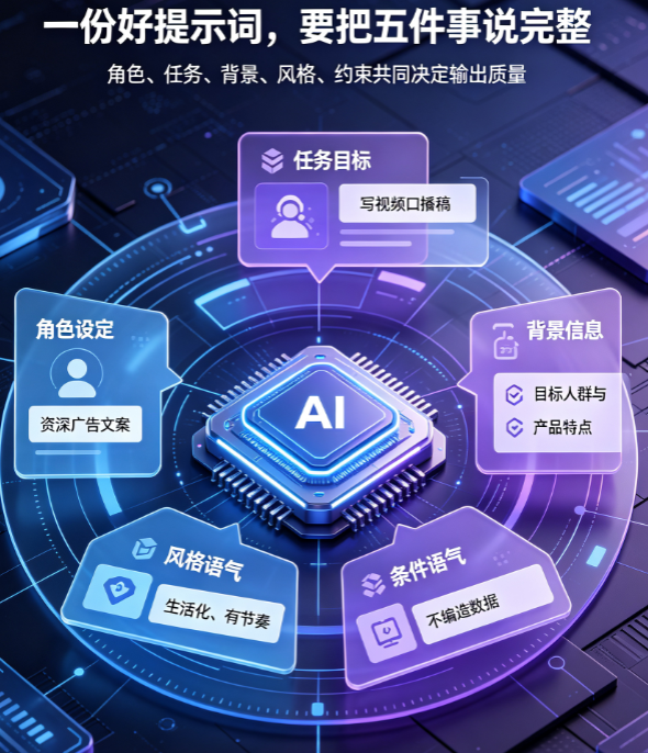 AI提示词别只懂“写一个广告”！从角色设定到风格约束的完整编写指南