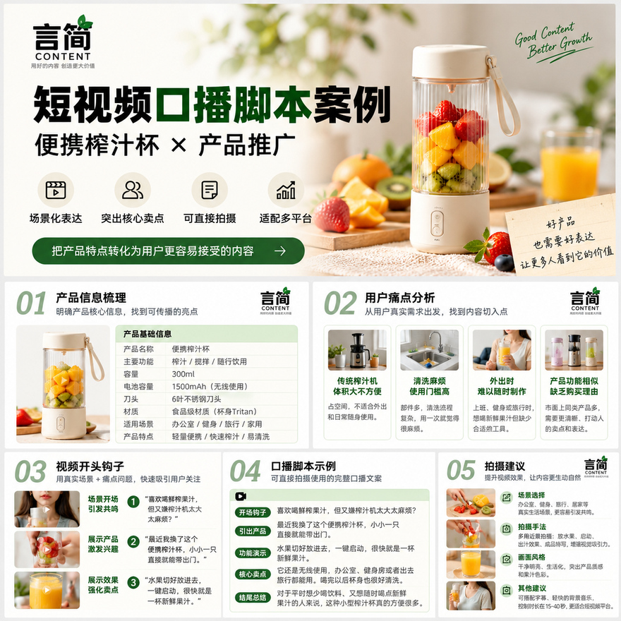 便携榨汁杯短视频口播脚本｜产品卖点短视频表达