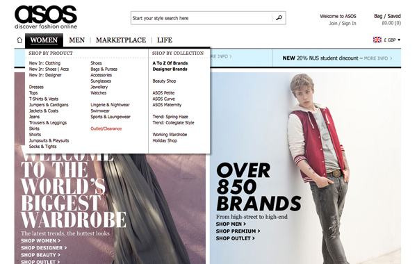 Asos 网页弹出菜单栏设计案例