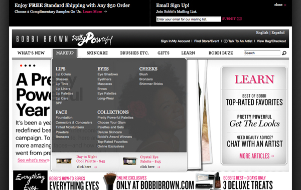 Bobbi Brown Cosmetics 网页弹出菜单栏设计案例