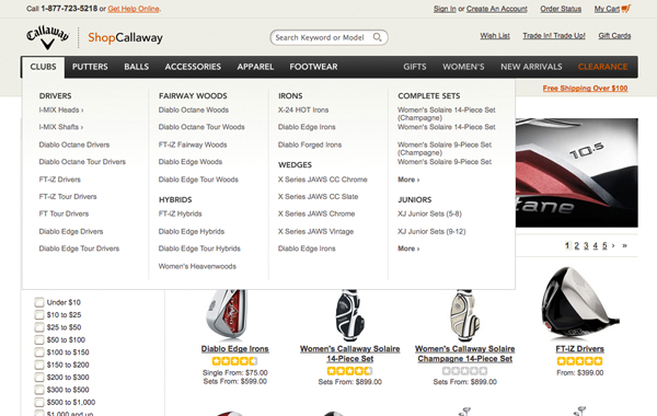 Callaway 网页弹出菜单栏设计案例