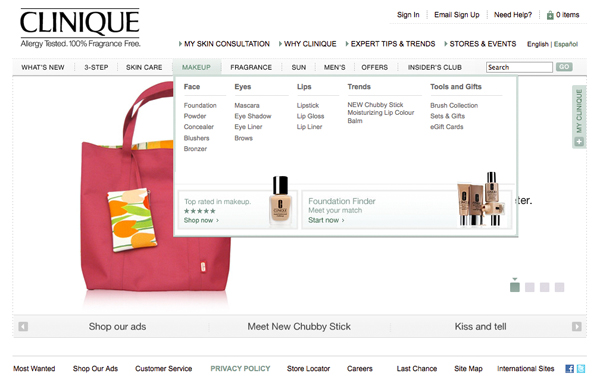 Clinique 网页弹出菜单栏设计案例