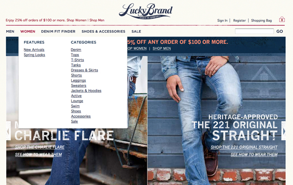 Lucky Brand 网页弹出菜单栏设计案例