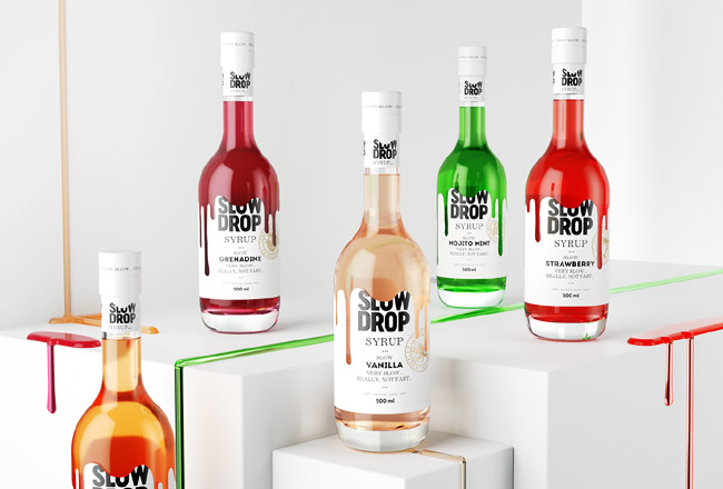 国外靓丽的SLOW DROP鸡尾酒糖浆包装设计