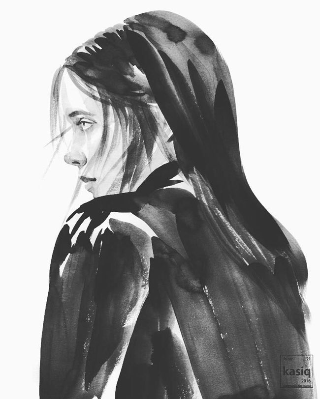 国外插画师Kasiq黑白肖像画设计(一)